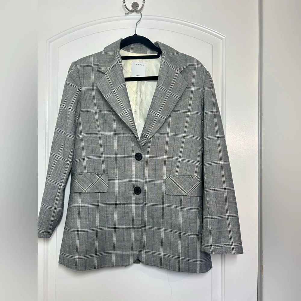 SANDRO Reynald Two-Button Plaid Blazer Gray Size 36 Preppy Academia Minimalist - Picture 3 of 15